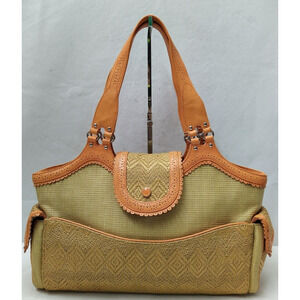 Cole Haan Tan Straw Orange Leather Trim Pocket Double Handle Satchel Bag